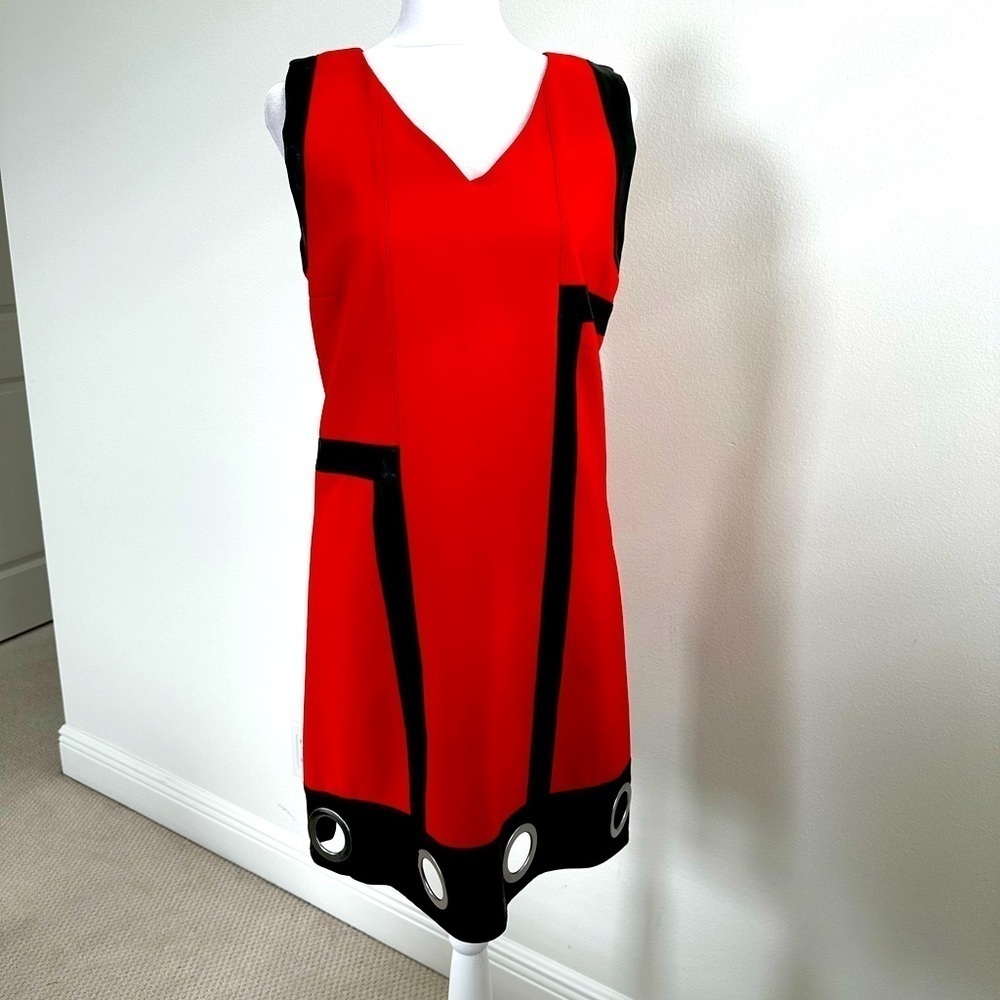 RINASCIENTO Red Dress with Black leather detailing & silver circle details